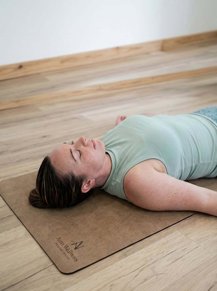 Kerry Nielsen resting in savasana on a yoga mat in the Edgemead yoga studio