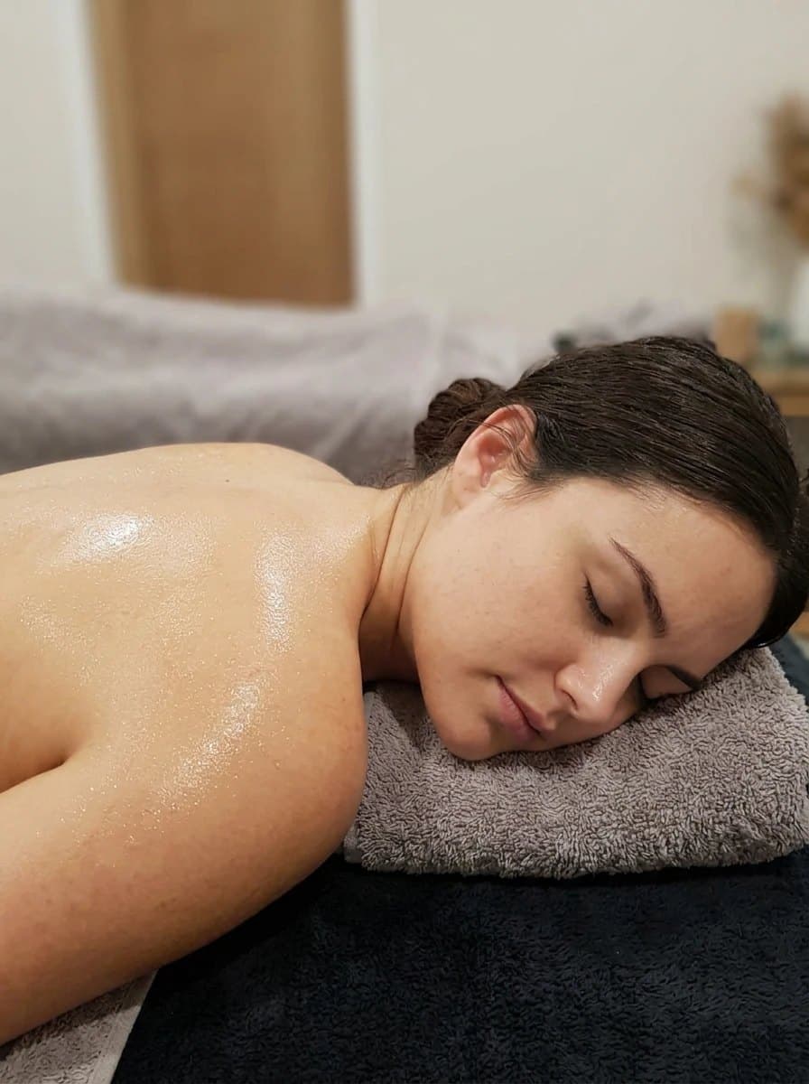 Client relaxing face-down on the massage table during a therapeutic massage in Edgemead, Cape Town